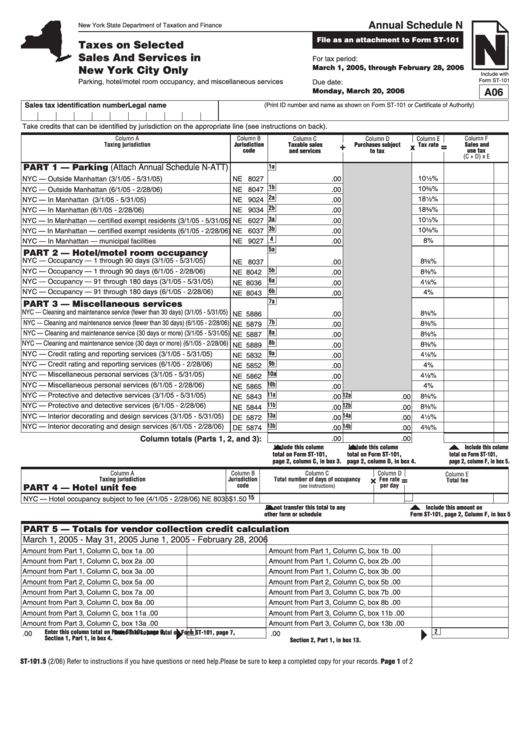 Form St-101.5 - Taxes On Selected Sales And Services February 2006 Printable pdf