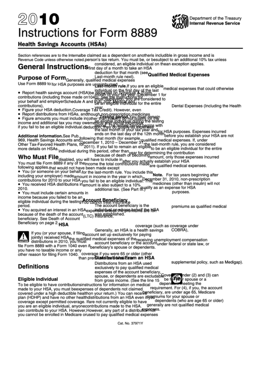 Instructions For Form 8889 - Health Savings Accounts - 2010 Printable pdf