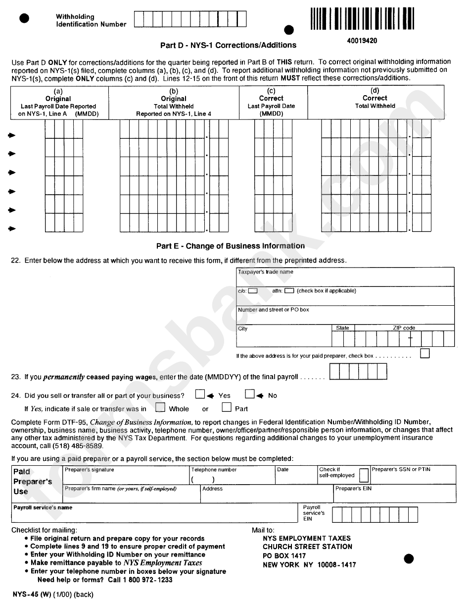 Form Nys-45 (W) - Quarterly Combined Withholding, Wage Reporting And Unemployment Insurance Return