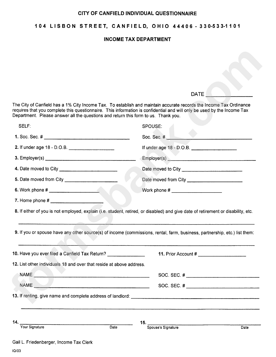 City Of Canfield Individual Questionnaire Template Ohio Tax Department printable pdf