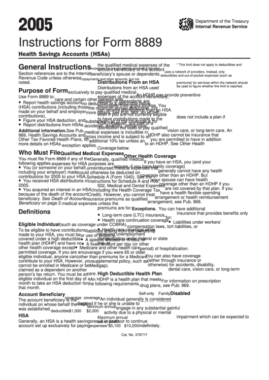 Instructions For Form 8889 - Health Savings Accounts - 2005 Printable pdf