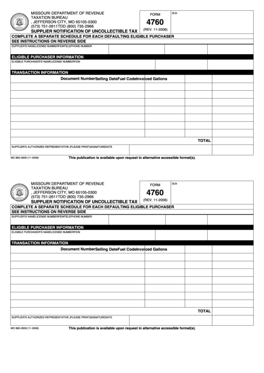 Fillable Form 4760 - Supplier Notification Of Uncollectible Tax Printable pdf
