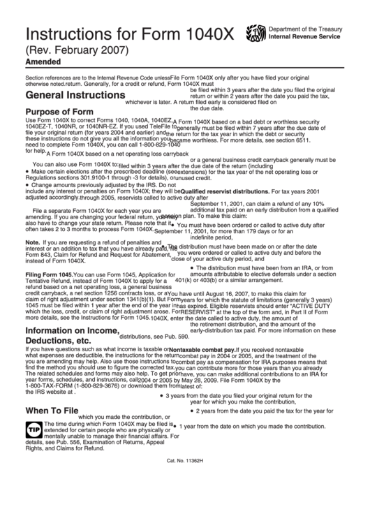Instructions For Form 1040x - Amended U.s. Individual Income Tax Return - 2007 Printable pdf