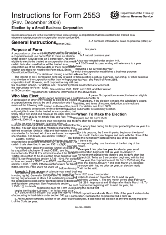 Instructions For Form 2553 - Election By A Small Business Corporation - 2006 Printable pdf