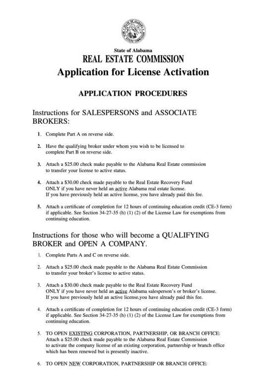 Instructions For Application For License Activation - Application Procedures Form Printable pdf