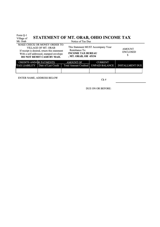 Form Q-1 - Statement Of Mt. Orab, Ohio Income Tax Printable pdf