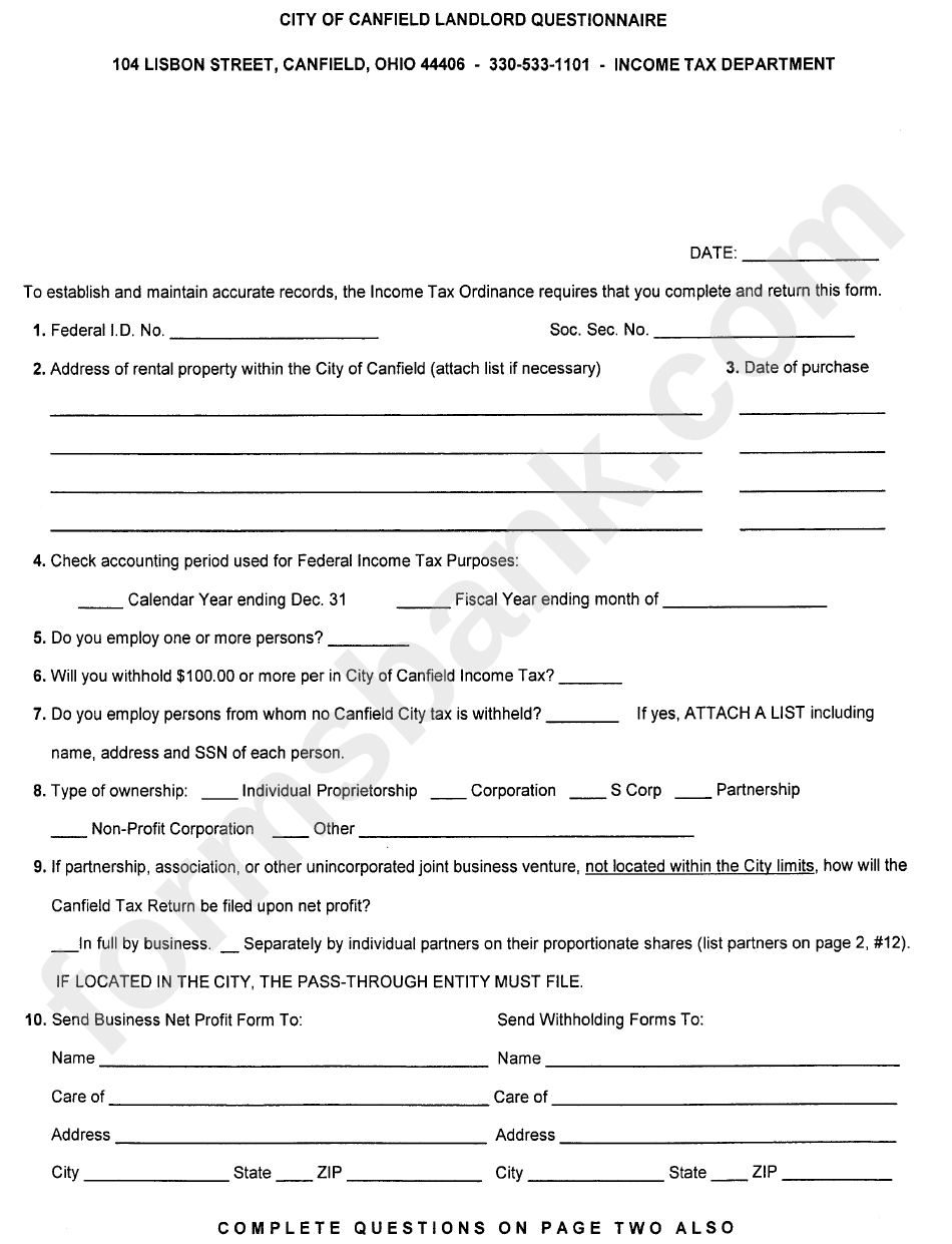 City Of Canfield Landlord Questionnaire Template - Ohio - Income Tax Department