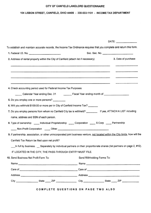 City Of Canfield Landlord Questionnaire Template - Ohio - Income Tax Department Printable pdf