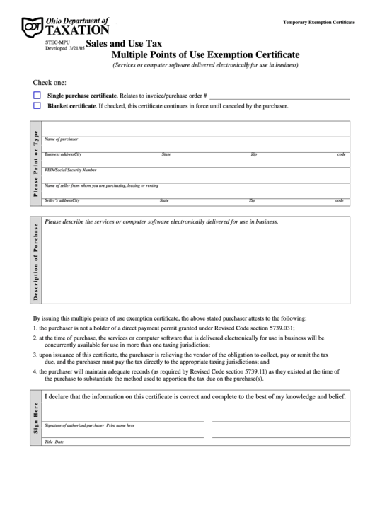Form Stec-Mpu - 2005 - Sales And Use Tax Multiple Points Of Use Exemption Certificate -Ohio Department Of Taxation Printable pdf