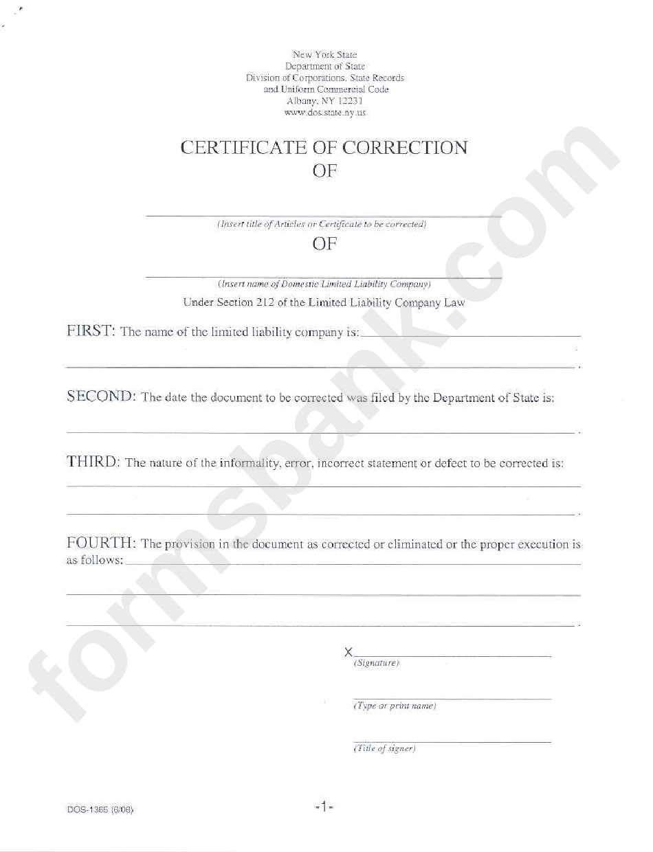 Form Dos-1365 - Certificate Of Correction Form June 2006