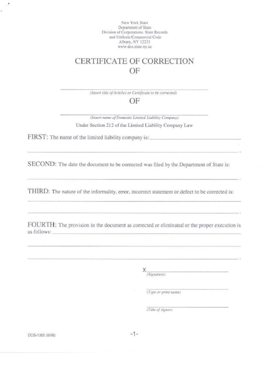 Form Dos-1365 - Certificate Of Correction Form June 2006 Printable pdf