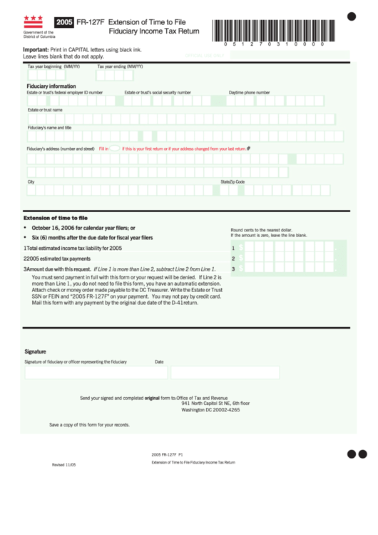 Form Fr-127f - Extension Of Time To File Fiduciary Income Tax Return November 2005 Printable pdf