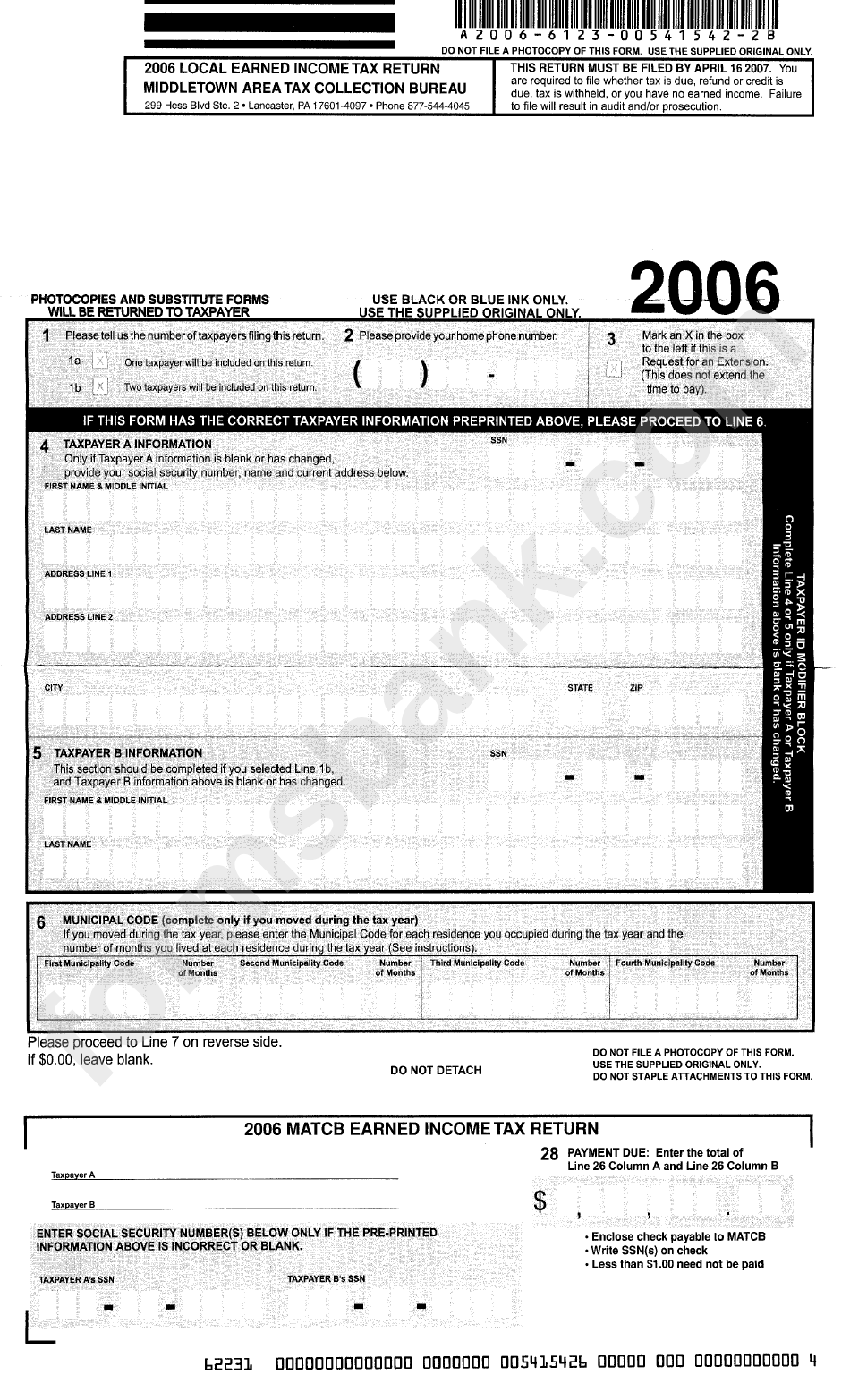 Local Earned Income Tax Return Form 2006 - Middletown Area Tax Collection Bureau