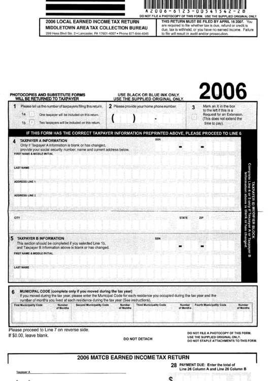 Local Earned Income Tax Return Form 2006 - Middletown Area Tax Collection Bureau Printable pdf