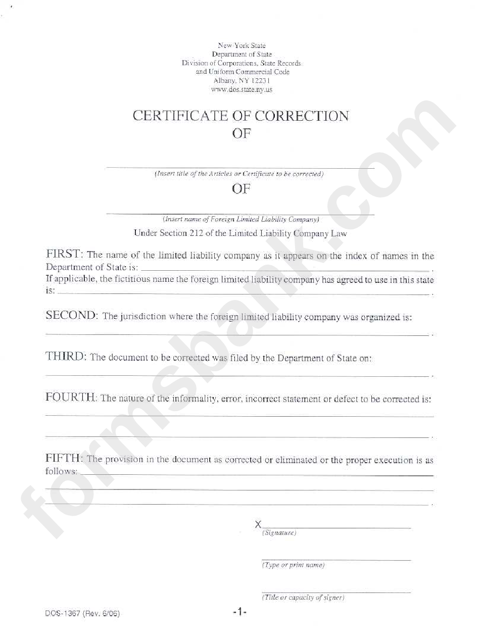Form Dos-1367 - Certificate Of Correction June 2006