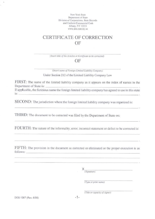 Form Dos-1367 - Certificate Of Correction June 2006 Printable pdf
