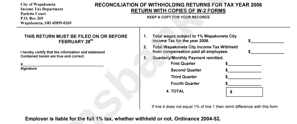 Reconcilation Of Withholding Returns For Tax Year 2006 Sheet - City Of Wapakoneta Income Tax Department Ohio