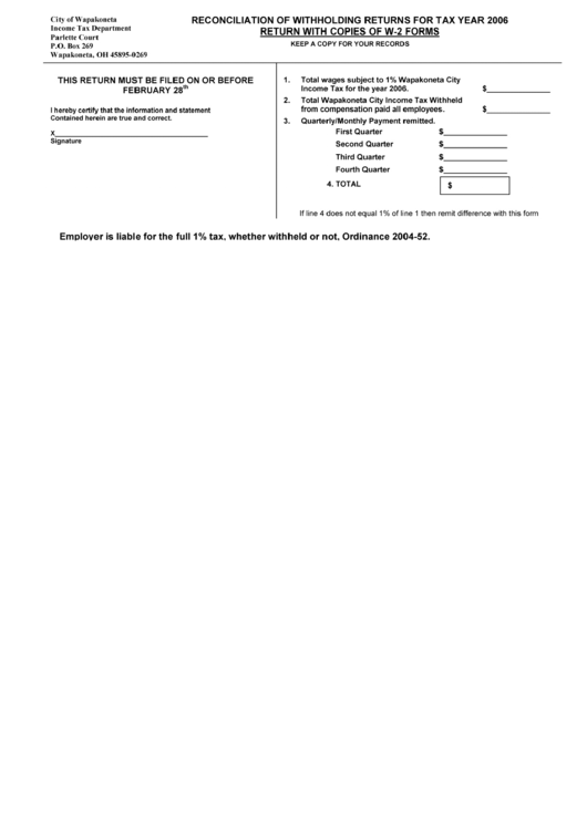 Reconcilation Of Withholding Returns For Tax Year 2006 Sheet - City Of Wapakoneta Income Tax Department Ohio Printable pdf