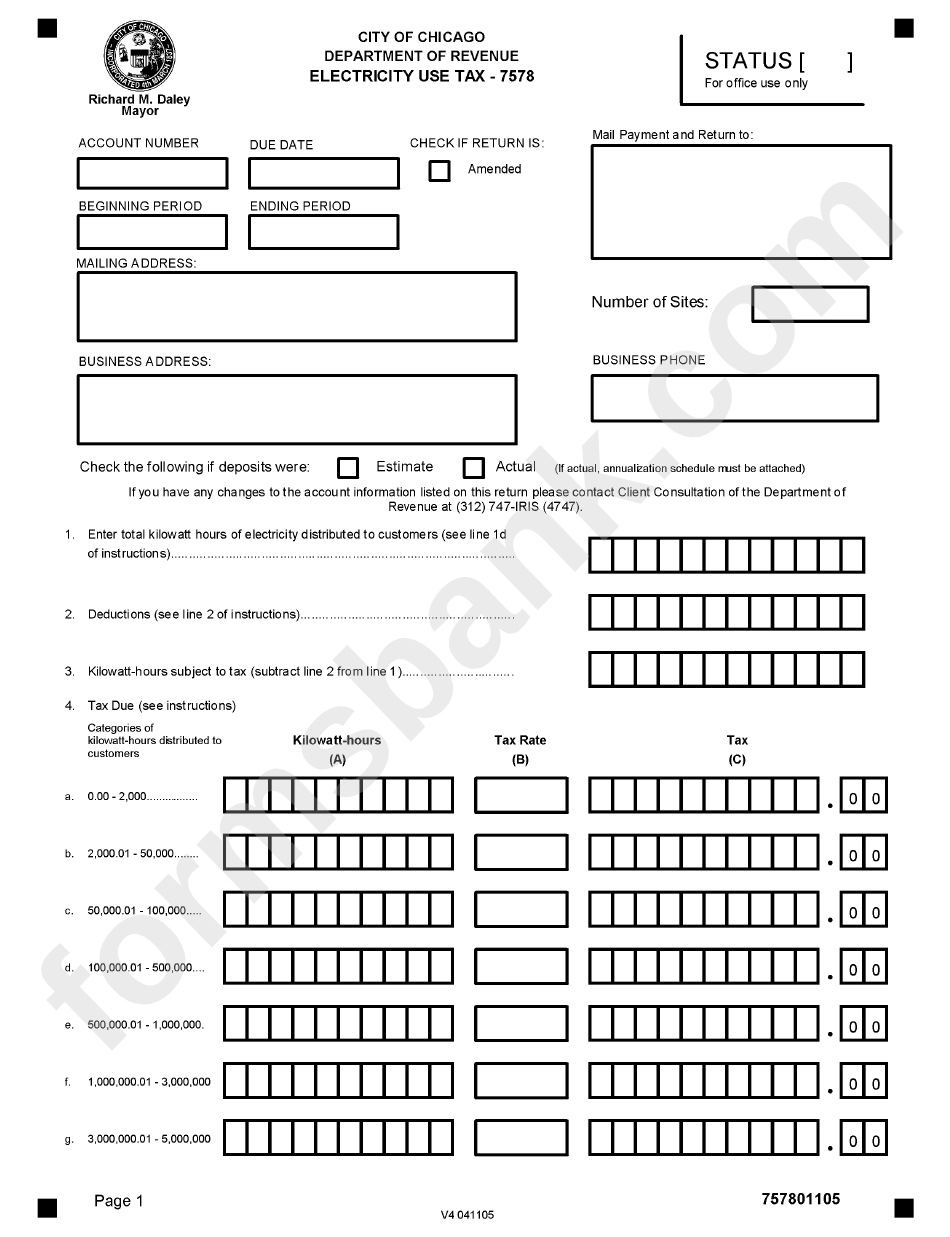 Form 7578 - Electricity Use Tax - City Of Chicago Department Of Revenue - Illinois