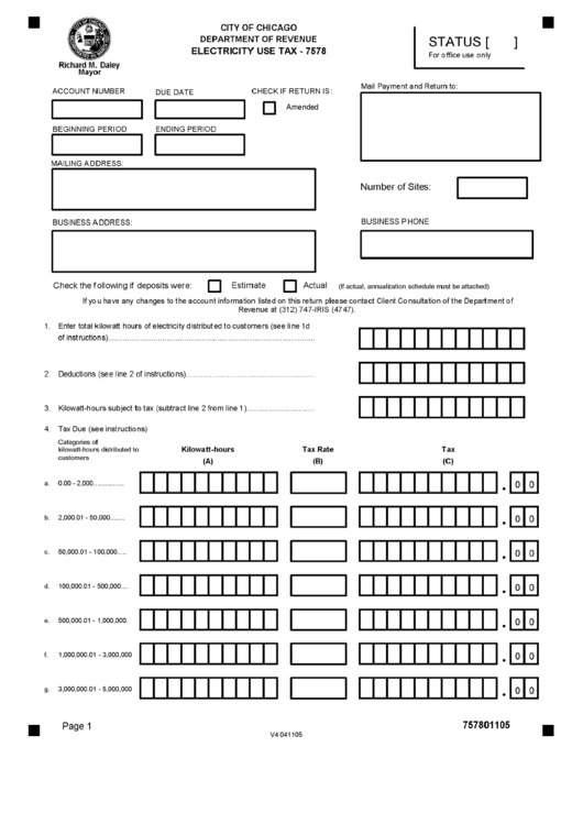 Form 7578 - Electricity Use Tax - City Of Chicago Department Of Revenue - Illinois Printable pdf
