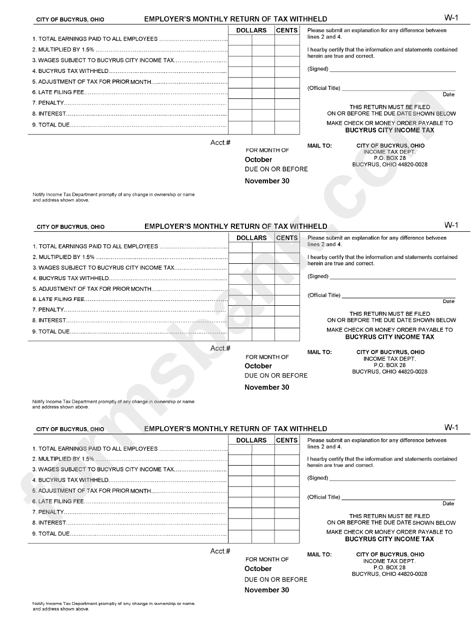 Form W-1 - Employer"S Monthly Return Of Tax Withheld