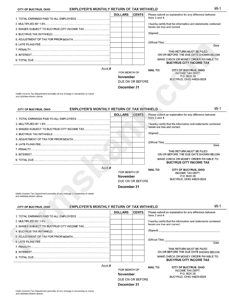 Form W-1 - Employer"S Monthly Return Of Tax Withheld