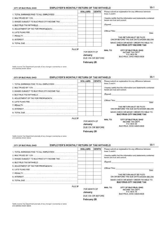 Form W-1 - Employer"S Monthly Return Of Tax Withheld Printable pdf