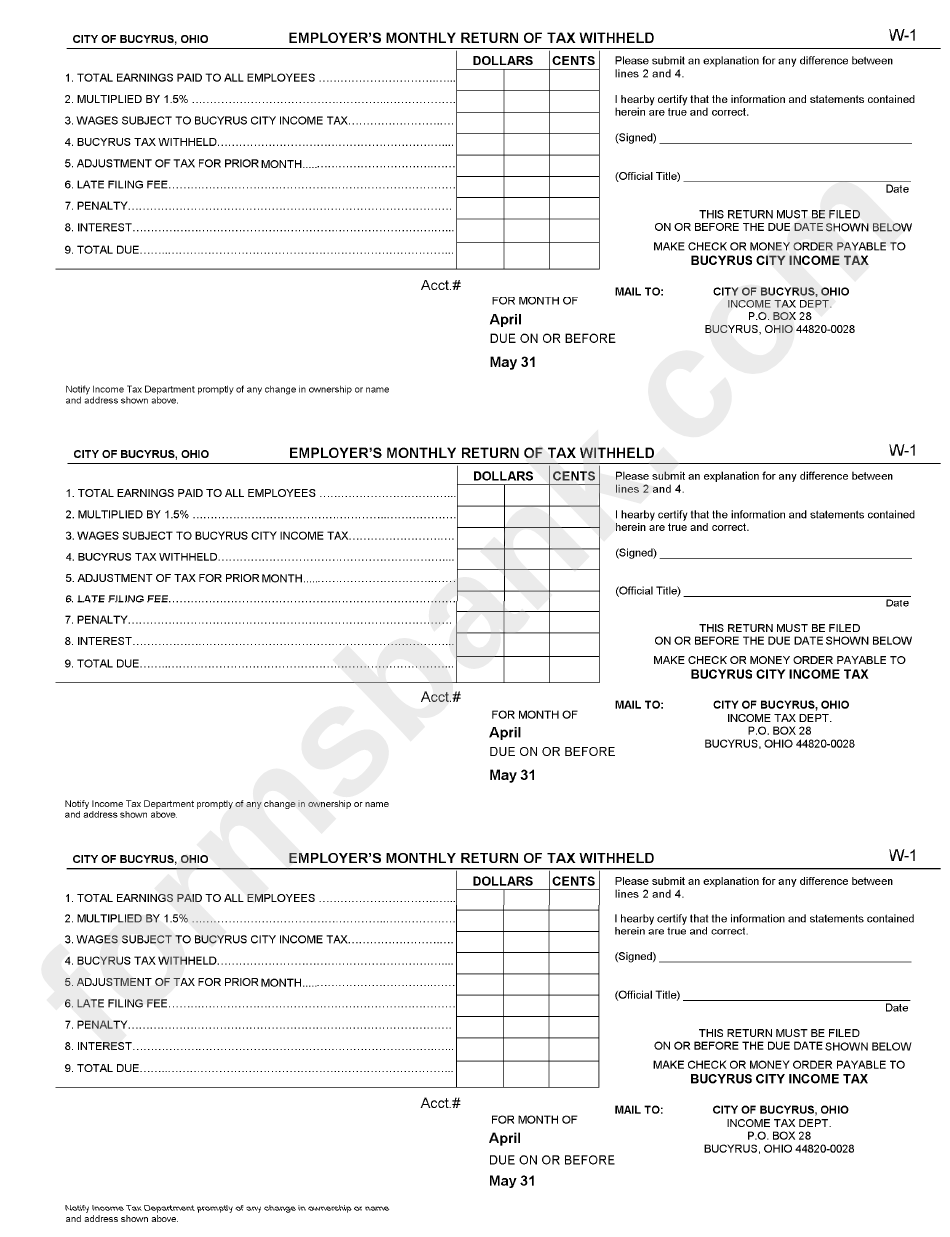 Form W-1 - Employer"S Monthly Return Of Tax Withheld