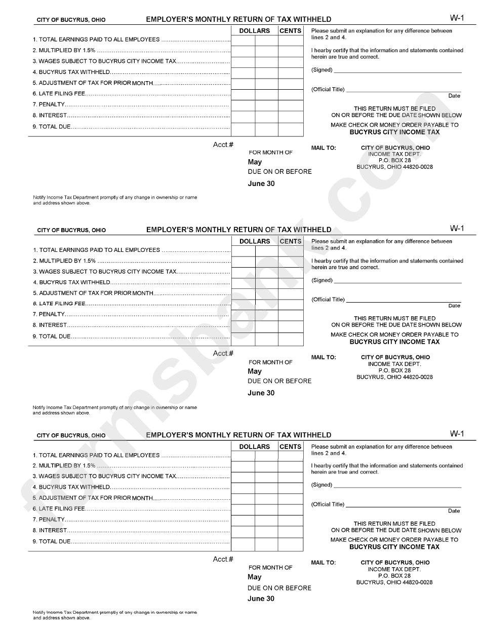 Form W-1 - Employer"S Monthly Return Of Tax Withheld