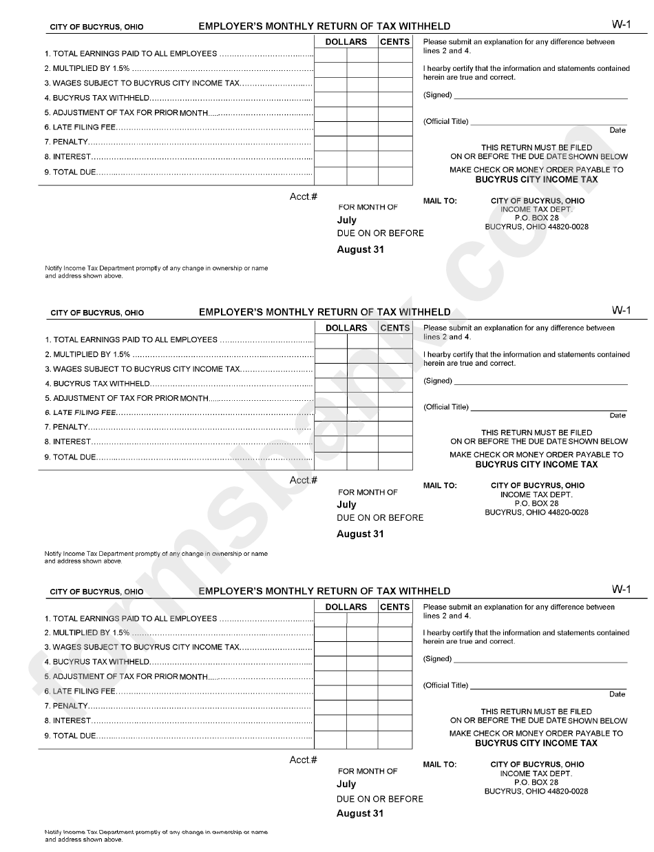 Form W-1 - Employer"S Monthly Return Of Tax Withheld