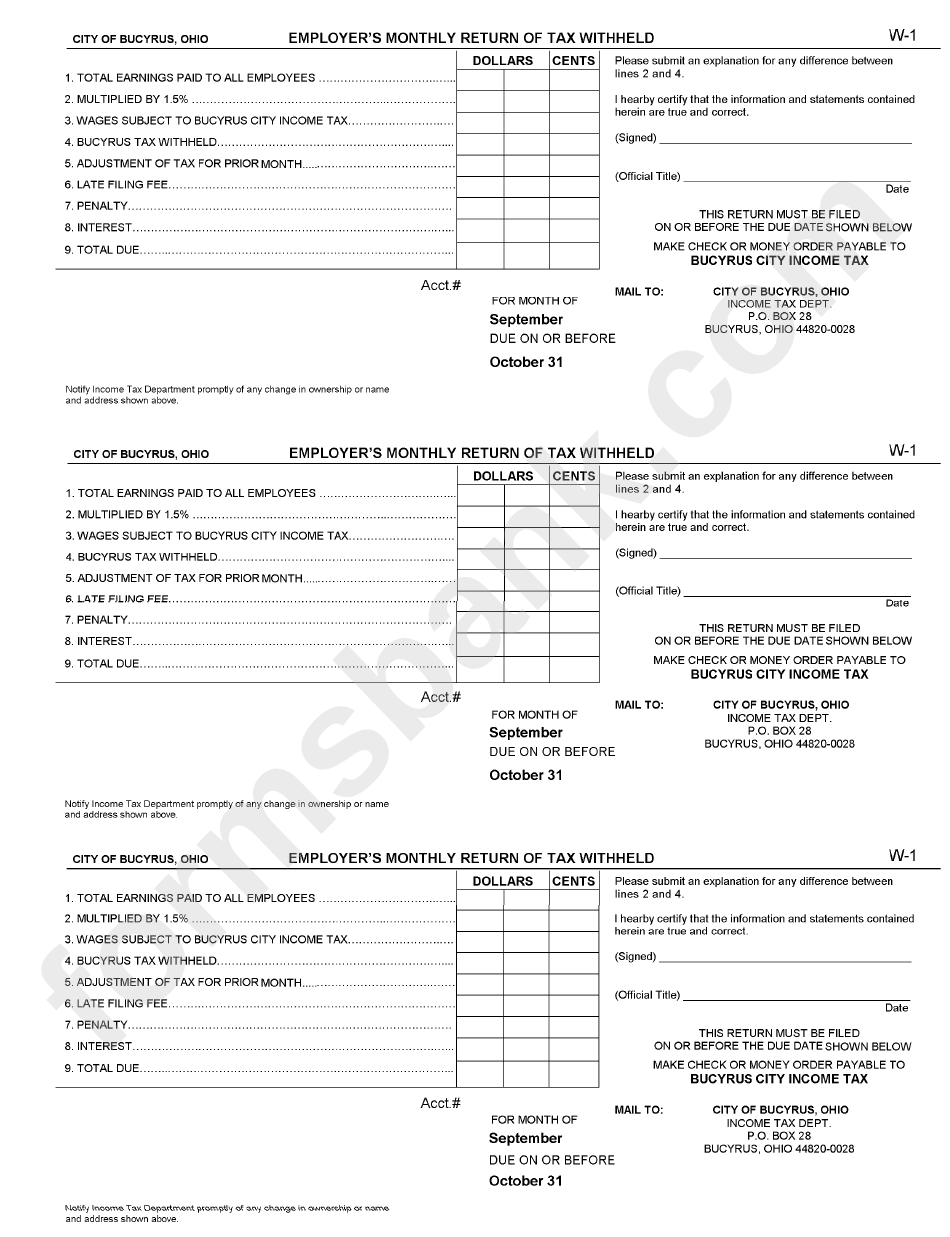 Form W-1 - Employer"S Monthly Return Of Tax Withheld