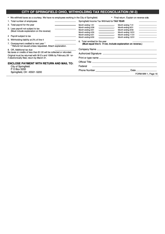 Form Mw-1 - Withholding Tax Reconciliation Form Printable pdf