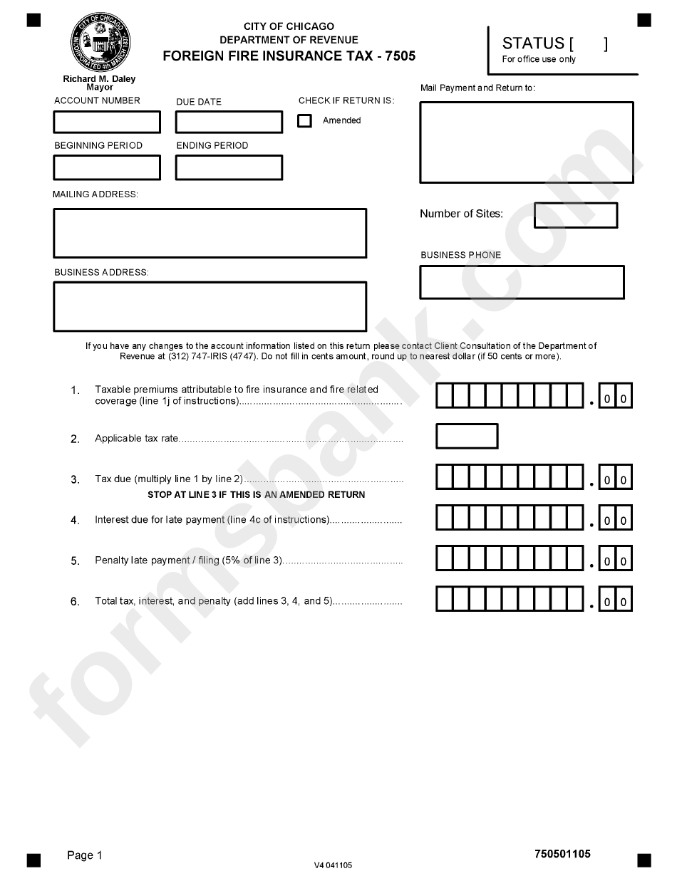 Form 7505 - Foreign Insurance Tax Form - Department Of Revenue - Illinois