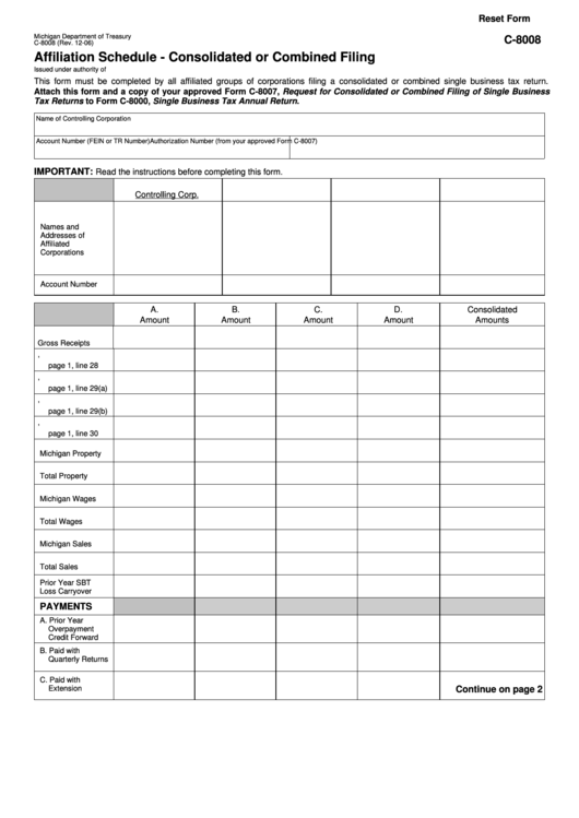 Fillable Form C-8008 - Affiliation Schedule - Consolidated Or Combined Filing Form - Michigan Department Of Treasury - Michigan Printable pdf
