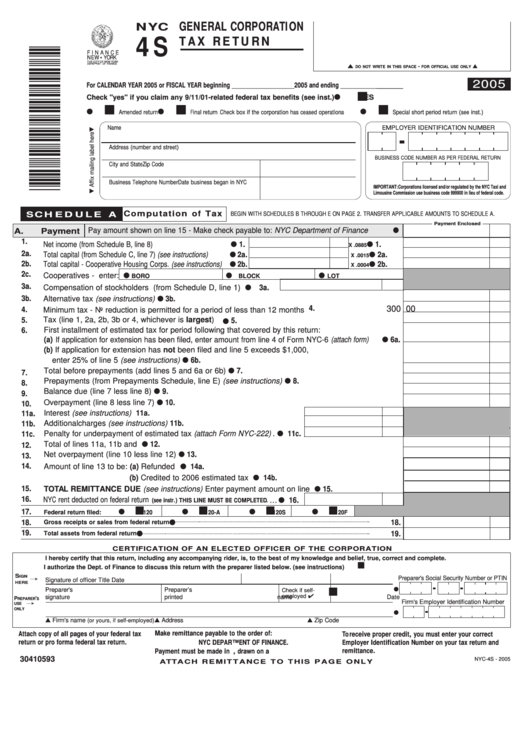 Fillable Form Nyc-4s - General Corporation Tax Return - 2005 Printable pdf
