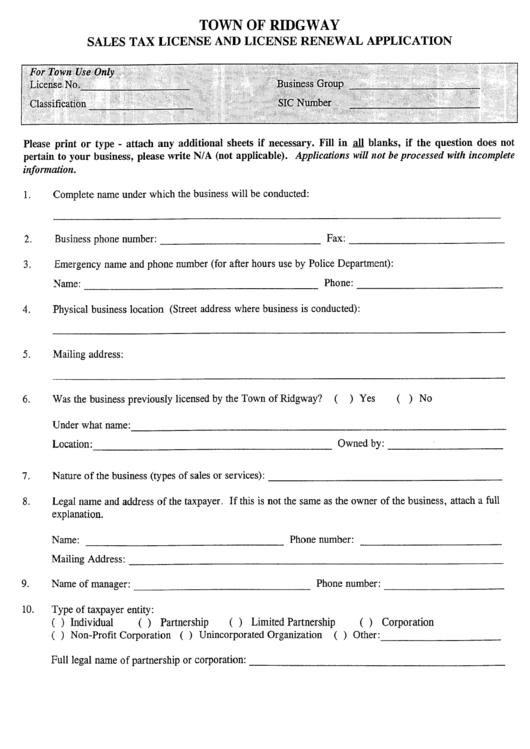 Sales Tax License And License Renewal Application Form Printable pdf