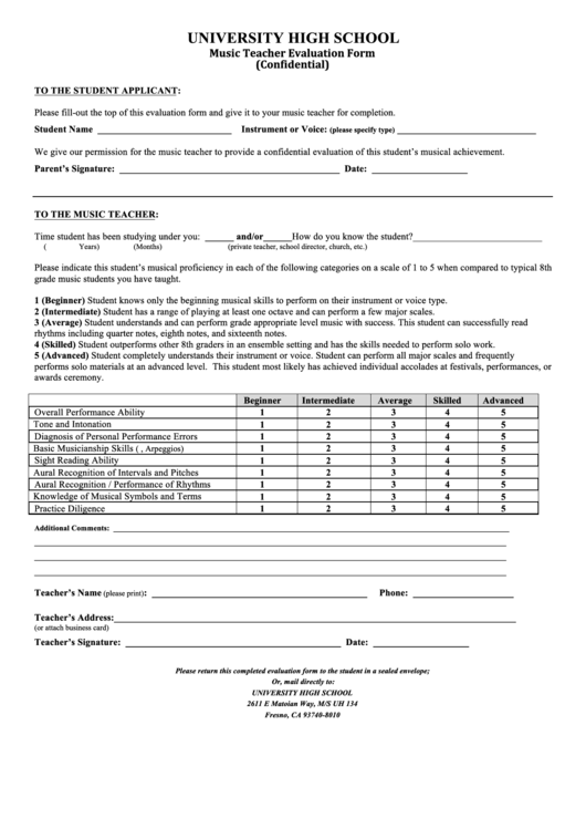 Music Teacher Evaluation Form Printable pdf