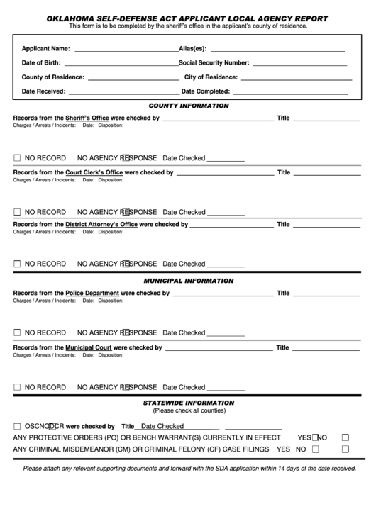Self-Defense Act Applicant Local Agency Report Form - Oklahoma Printable pdf