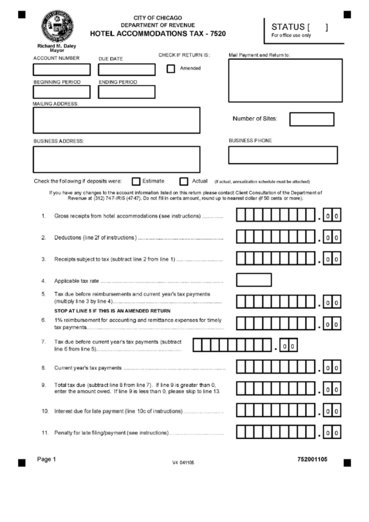 Form 7520 - Hotel Accomodation Tax Form - Department Of Revenue - Illinois Printable pdf
