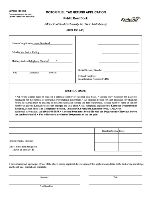 Form 72a006 (10-06) - Motor Fuel Tax Refund Application Printable pdf