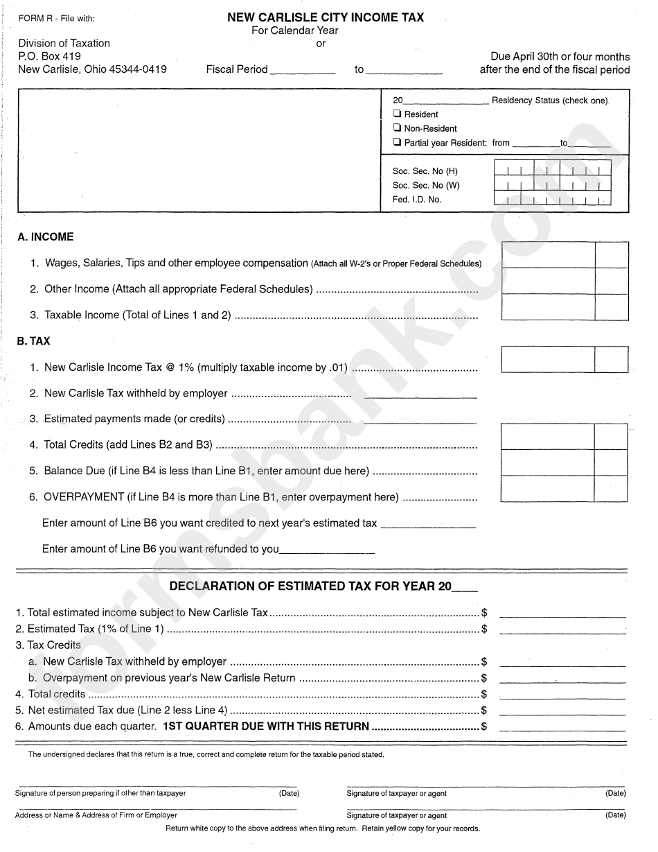 Form R - New Carlisle City Income Tax Form - Division Of Taxation - New Carlisle - Ohio