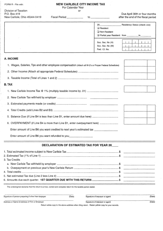 Form R - New Carlisle City Income Tax Form - Division Of Taxation - New Carlisle - Ohio Printable pdf
