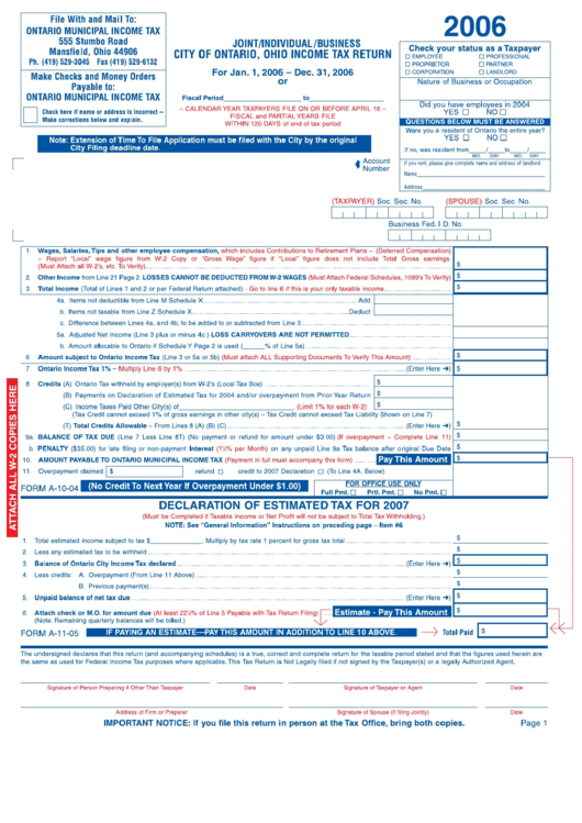 City Income Tax Return Form 2006 - City Of Onario, Ohio Printable pdf