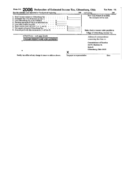 Form D-1 - Declaration Of Estimated Income Tax Form - Commissioner Of Taxation - Gibsonburg - Ohio Printable pdf
