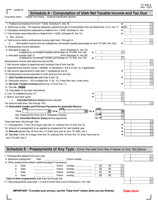 Form Tc-20s A - Schedule A - Computation Of Utah Net Taxable Income And Tax Due Printable pdf