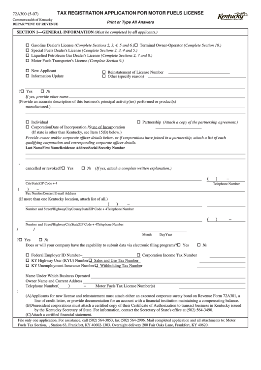 Form 72a300 (5-07) - Tax Registration Application For Motor Fuels License Printable pdf