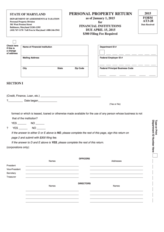 Form At3-28 - Personal Property Return - 2015 Printable pdf