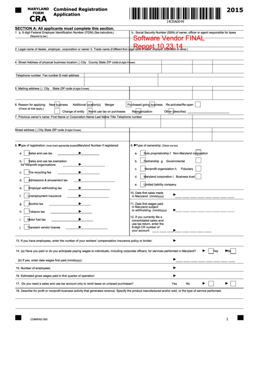 Form Cra - Combined Registration Application - 2015 Printable pdf