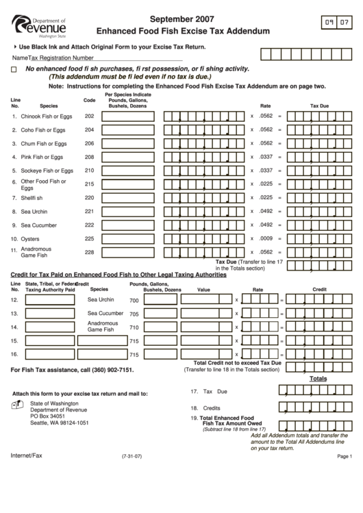 Enhanced Food Fish Excise Tax Addendum - Form Printable pdf