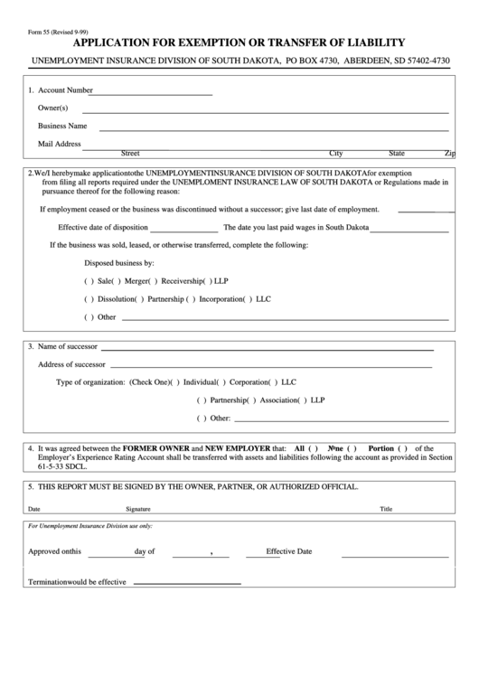Form 55 - Application For Exemption Or Transfer Of Liability Printable pdf